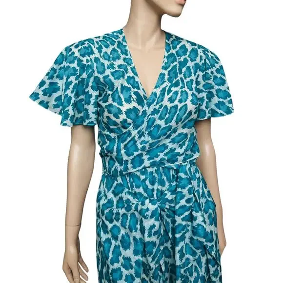 Diane von Furstenberg Green Animal Print Set of Wrap Top and Pants Size XS